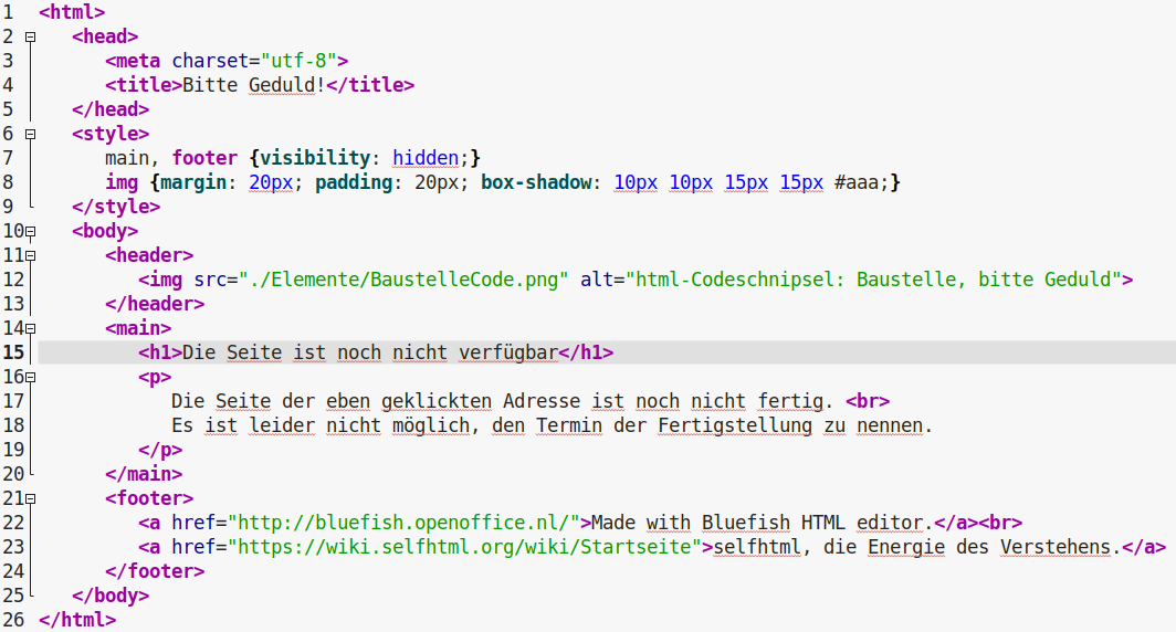 html-Codeschnipsel: Baustelle, bitte Geduld